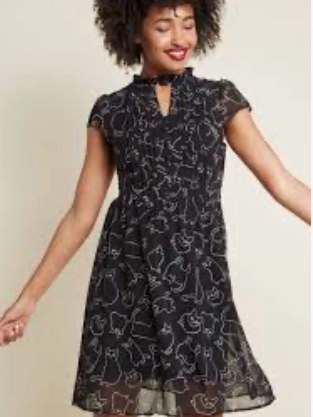NWOT: Oh Say Can See Museum A-line Black Cat Print Cap-Sleeve Dress